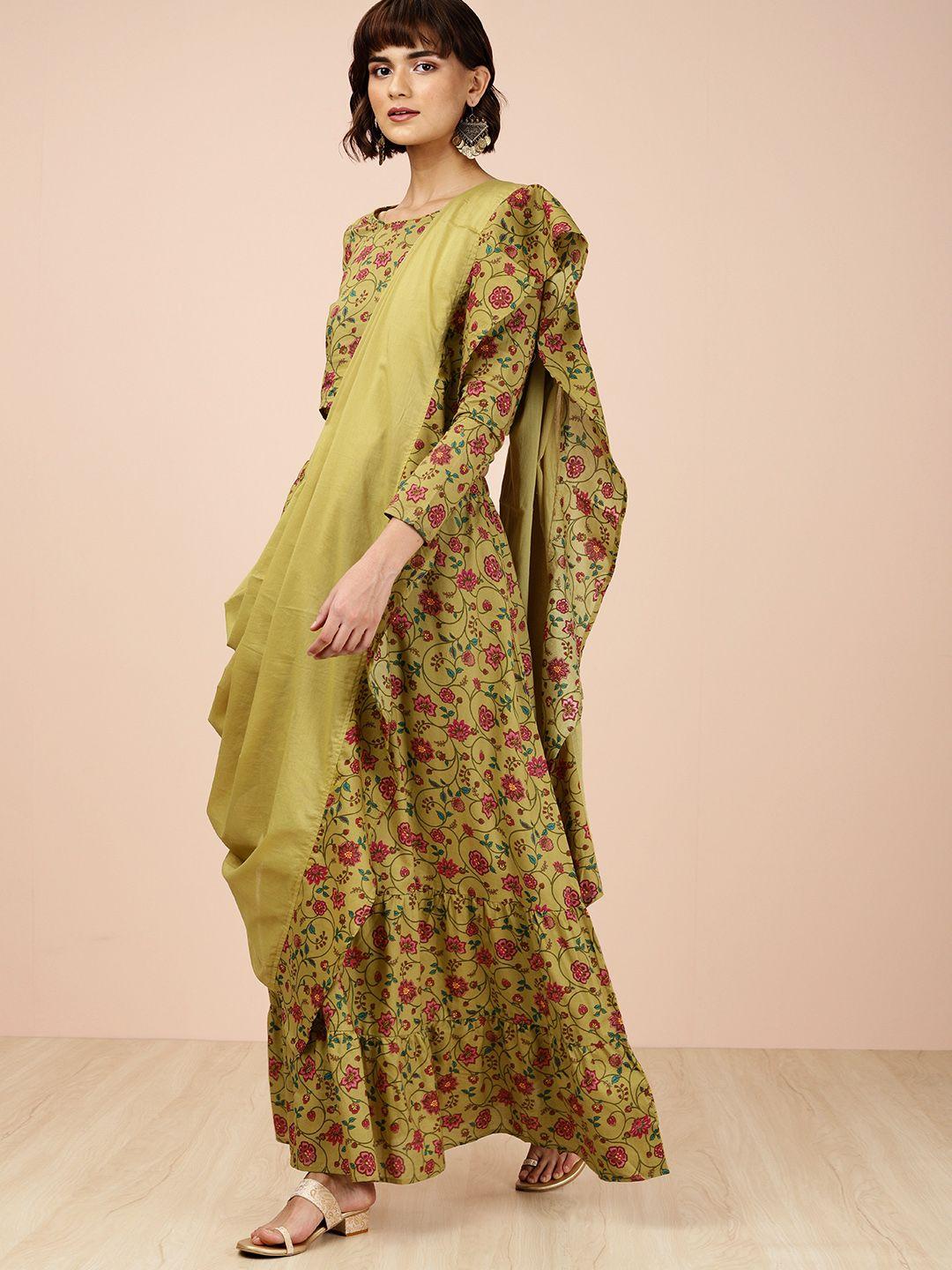 all about you women olive green printed top with skirt dupatta