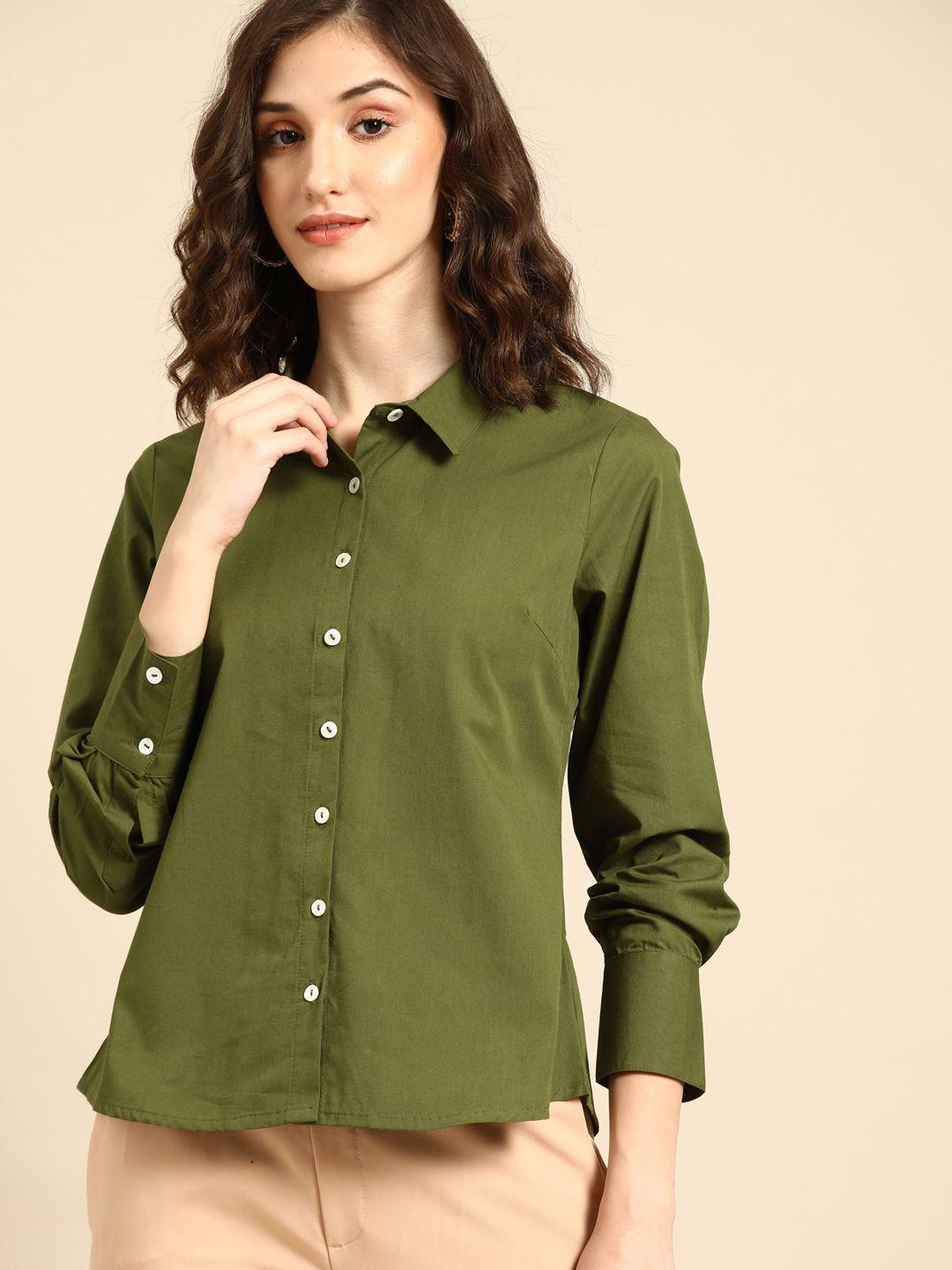 all about you women olive green solid pure cotton casual shirt