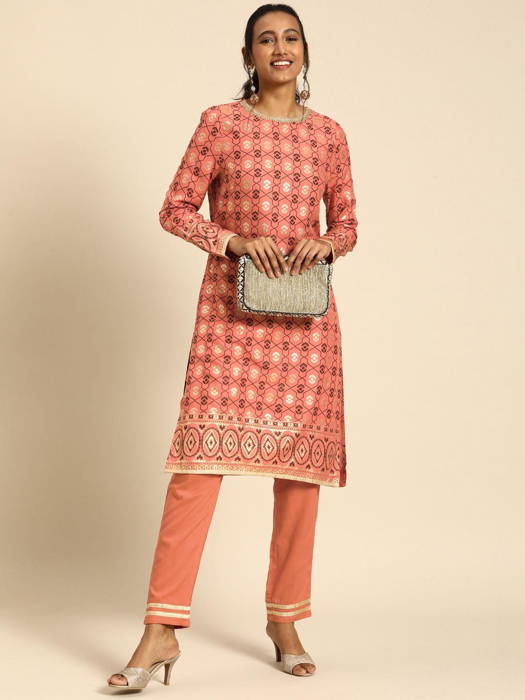 all about you women orange ethnic motifs printed regular kurta with trousers