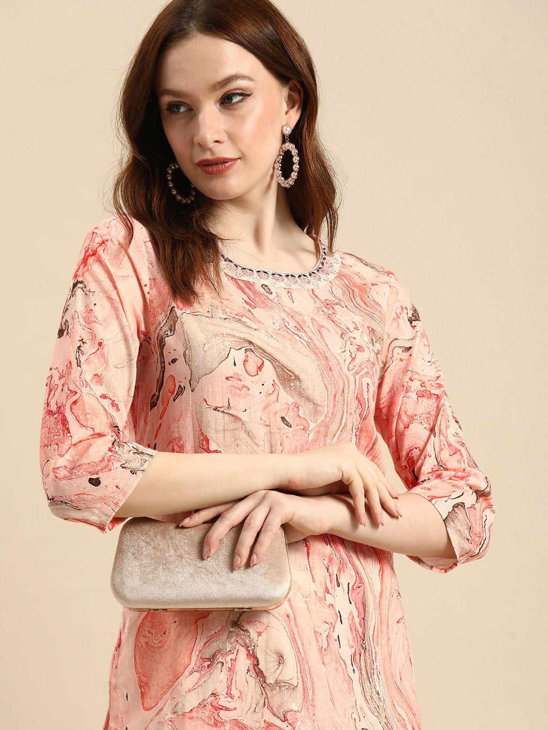 all about you women peach-coloured & red printed pure cotton kurta