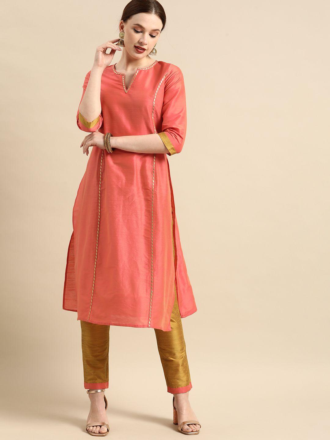 all about you women peach-coloured embroidered kurta with trousers