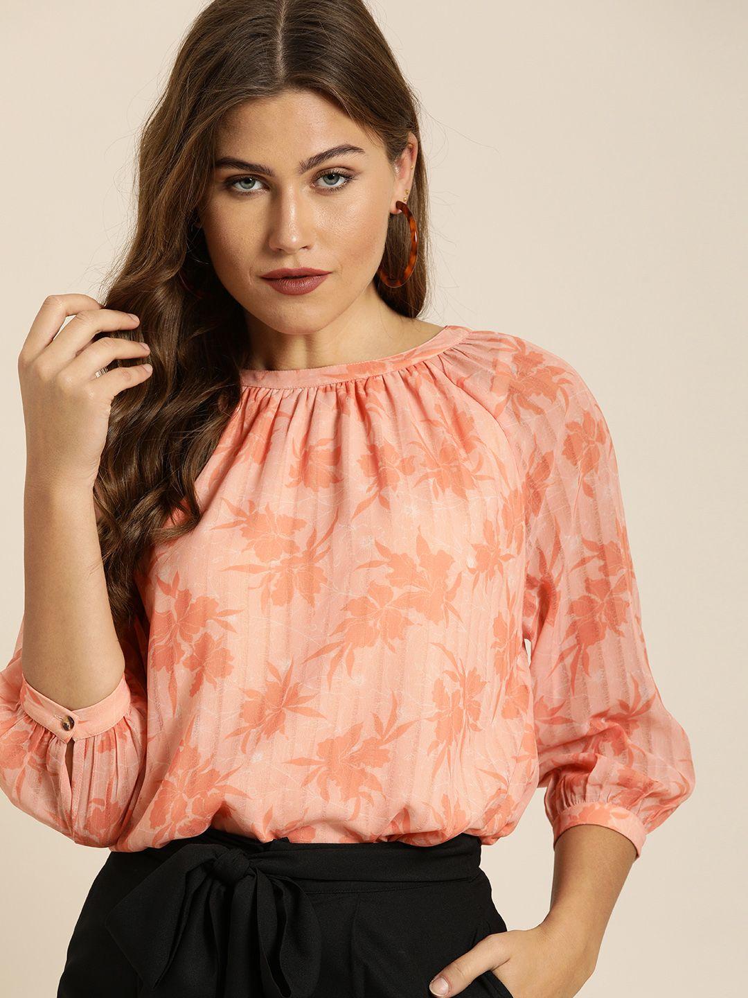 all about you women peach-coloured floral printed regular top