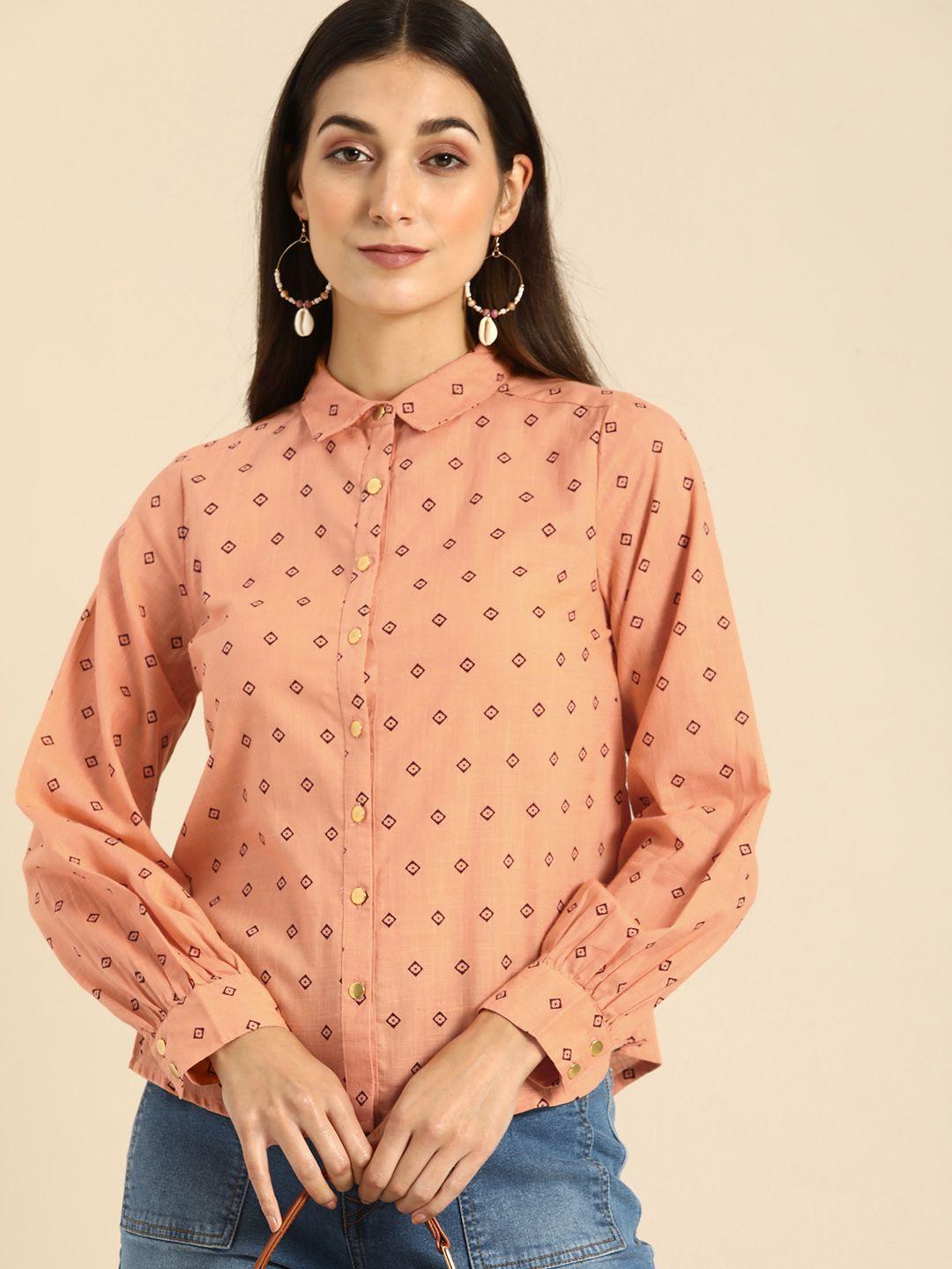 all about you women peach-coloured printed casual shirt