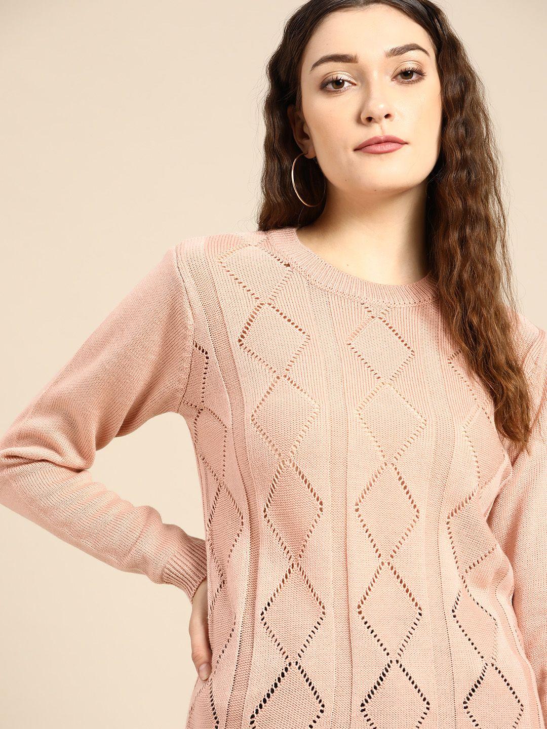 all about you women peach-coloured self design pullover