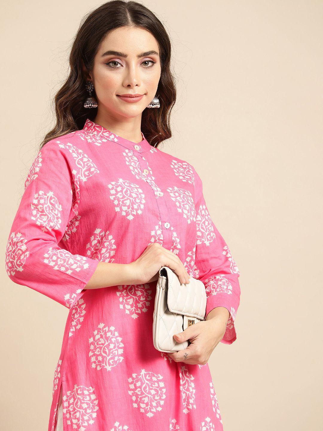 all about you women pink & white floral printed pure cotton kurta