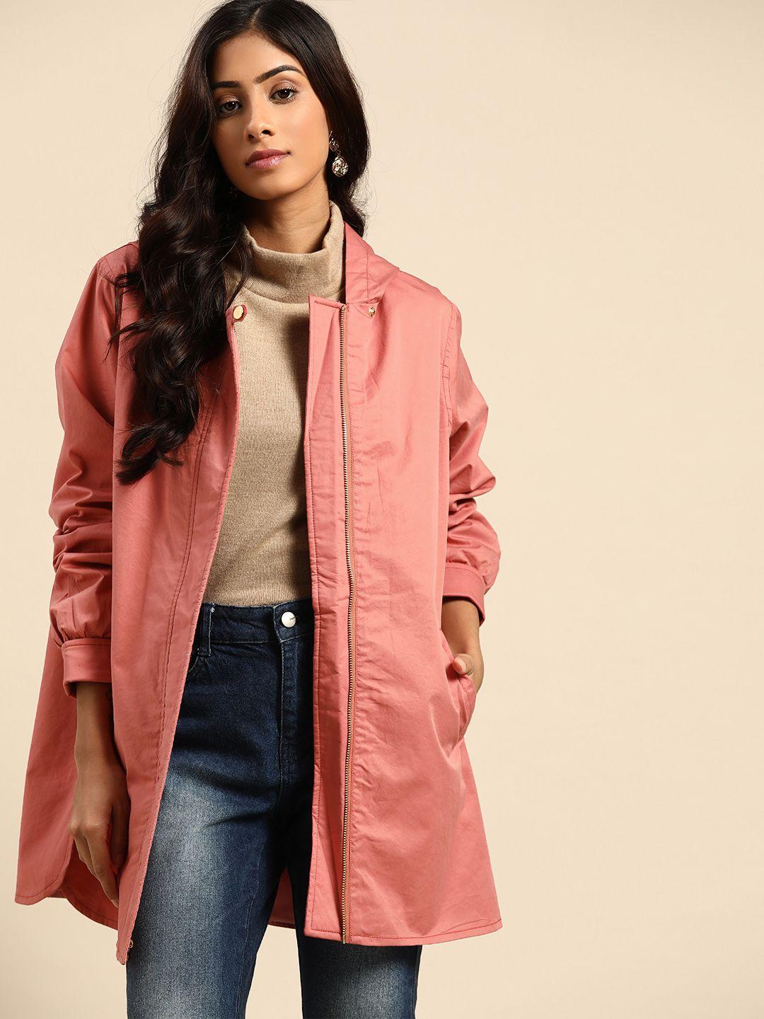 all about you women pink cotton hooded longline tailored jacket