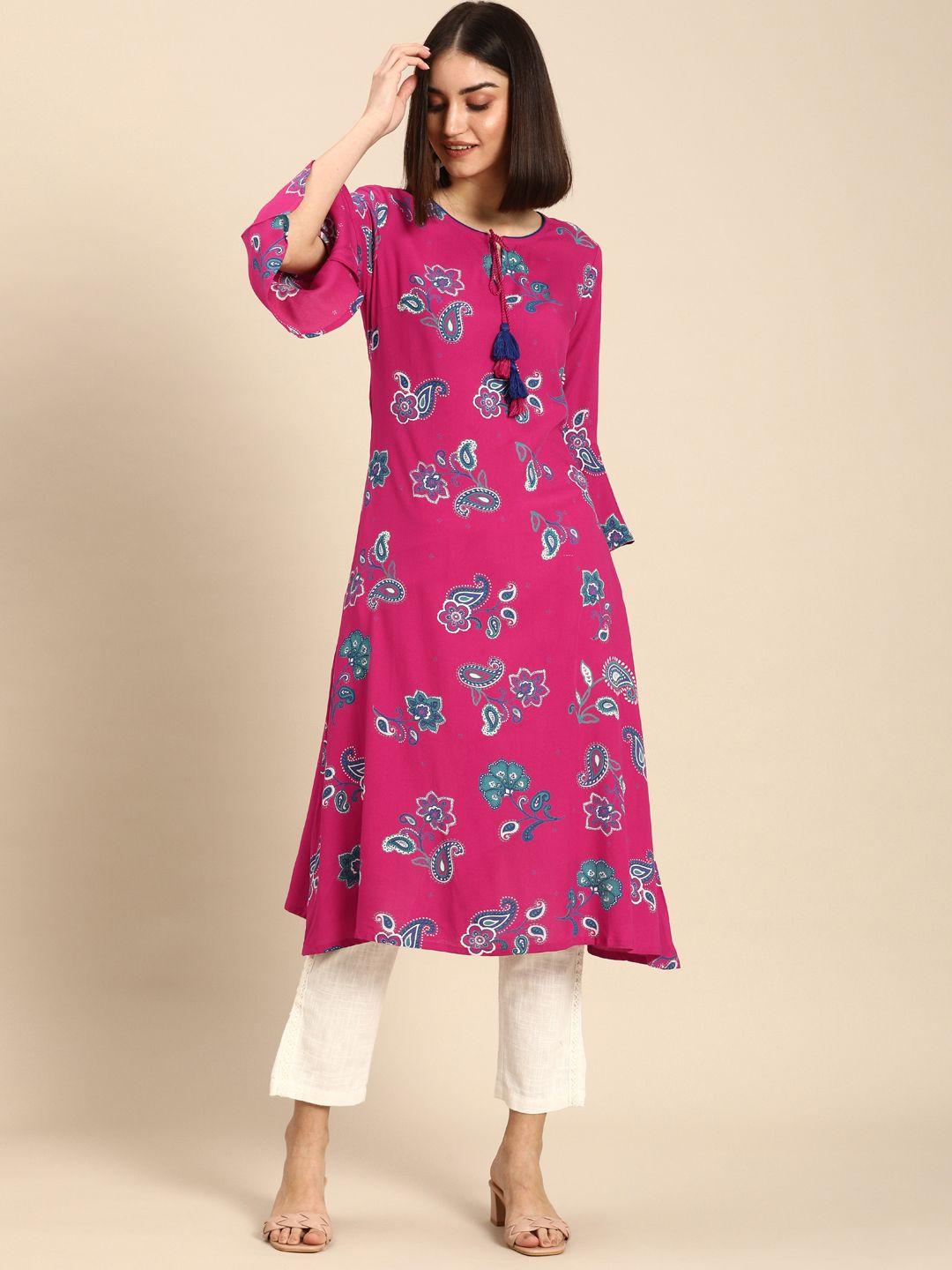 all about you women pink ethnic motifs printed flared sleeves kurta