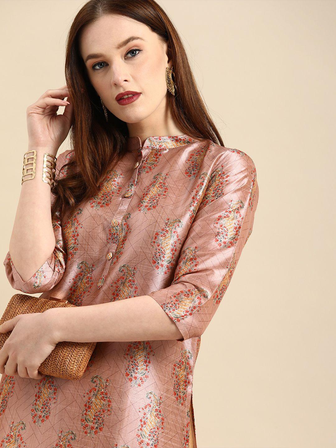 all about you women pink paisley print mandarin collar pastels chanderi silk blend kurta