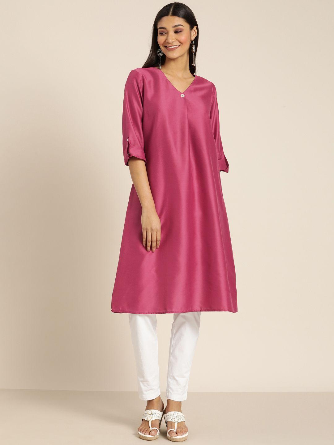 all about you women pink solid a-line kurta