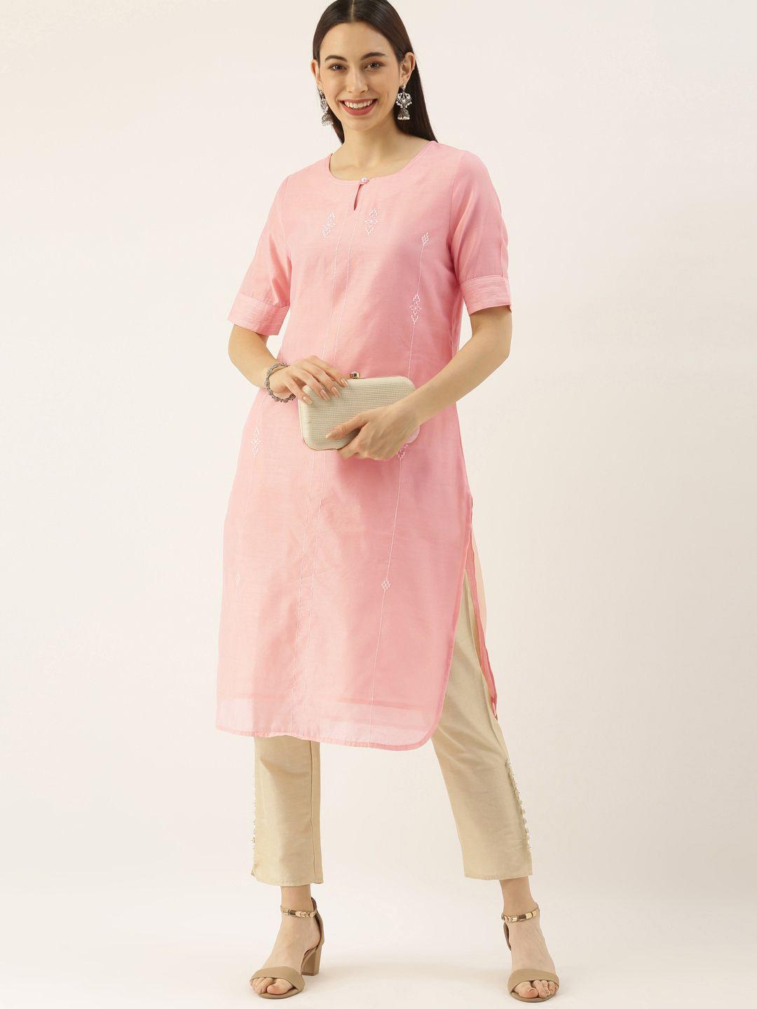 all about you women pink thread work kurta with trousers