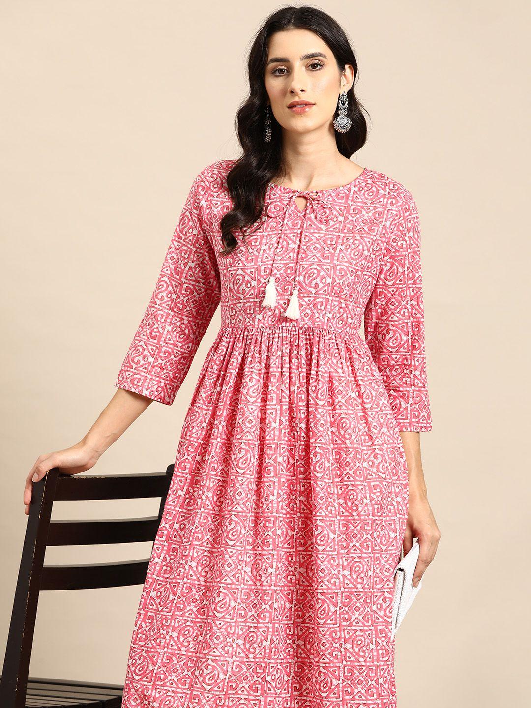 all about you women pure cotton ethnic print gathered waist a-line kurta