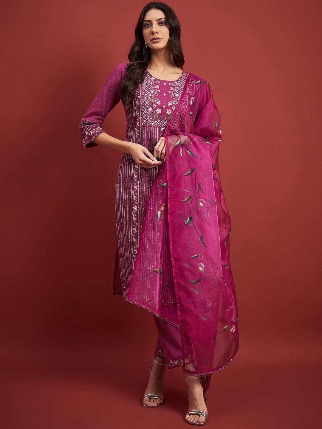 all about you women purple floral embroidered panelled thread work pure cotton kurta with trousers & with