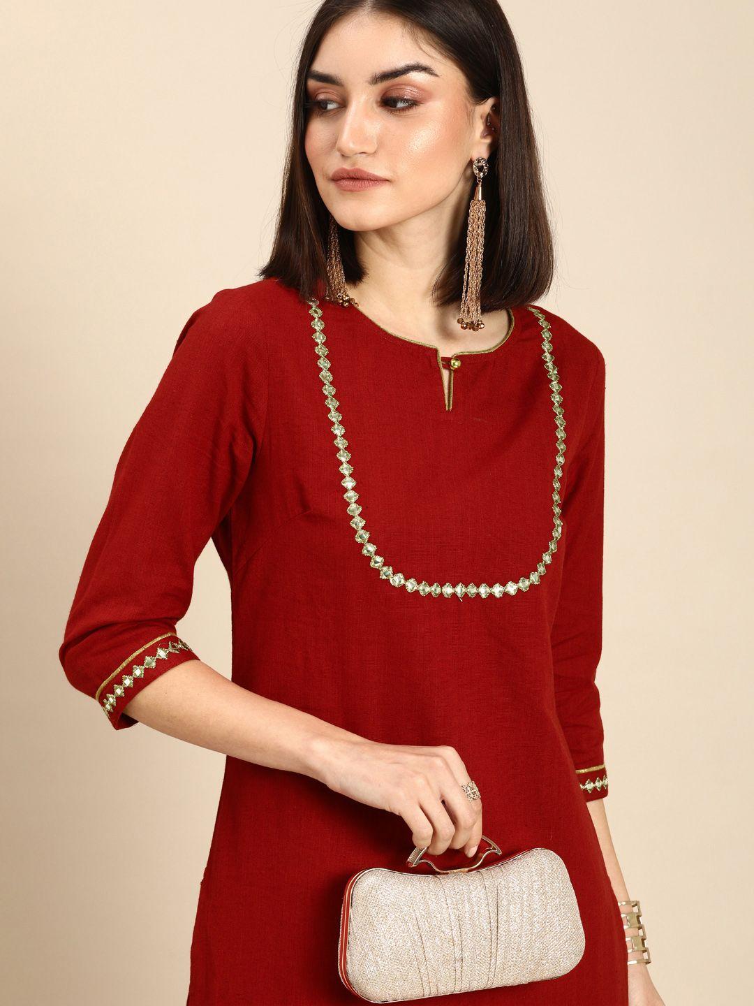 all about you women red & gold-toned keyhole neck gotta patti kurta