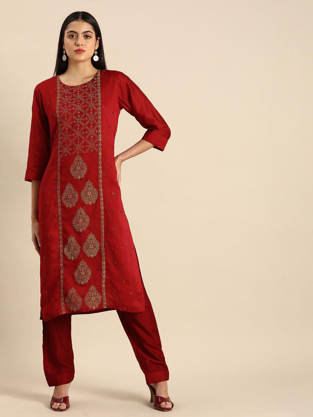 all about you women red & golden ethnic motifs embroidered kurta set