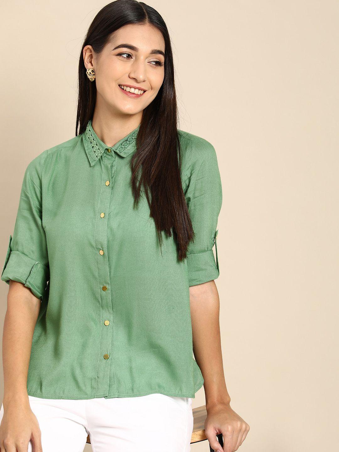 all about you women sage green solid regular fit casual shirt