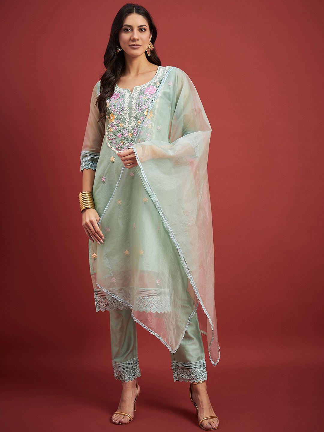 all about you women sea green ethnic motifs embroidered regular thread work chanderi silk kurta with