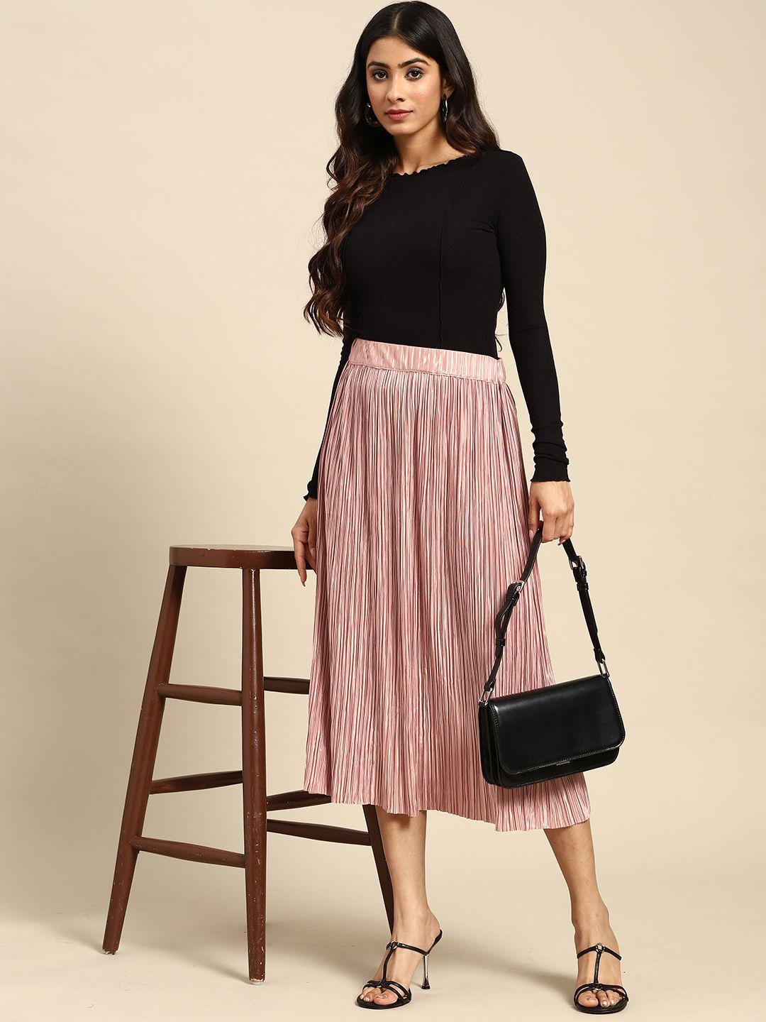 all about you women solid accordion pleated a-line midi skirt