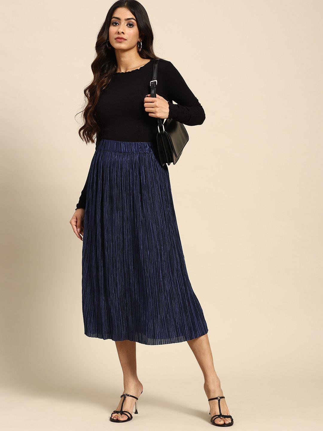 all about you women solid accordion pleated a-line midi skirt