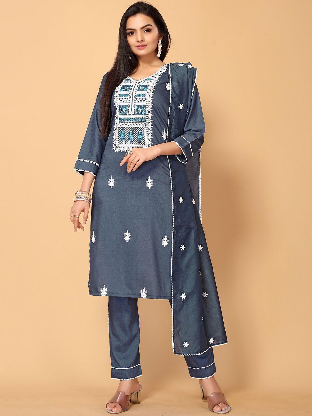 all about you women teal ethnic motifs embroidered thread work kurti with trousers & with dupatta