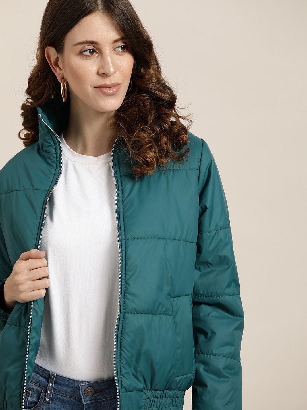 all about you women teal green solid padded jacket