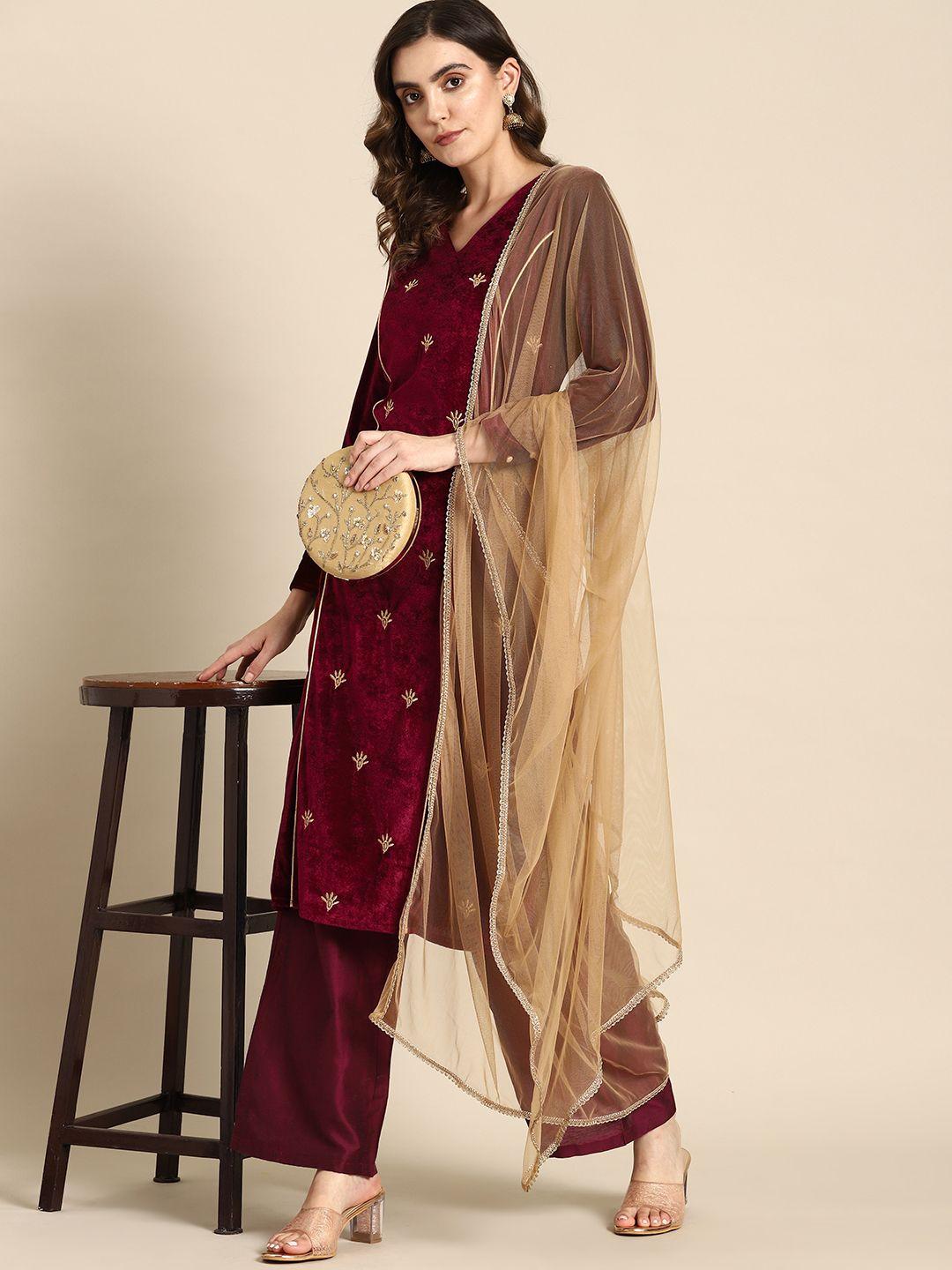 all about you women velvet finish woven design regular kurta with palazzos & dupatta