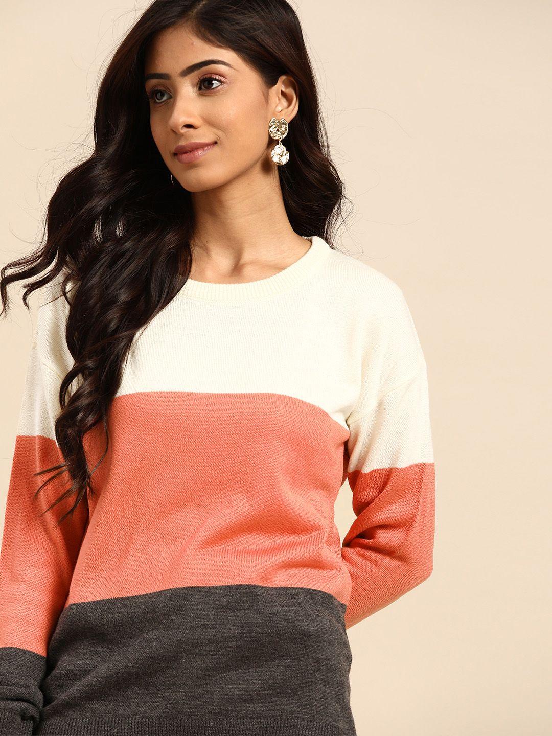 all about you women white & pink colourblocked pullover