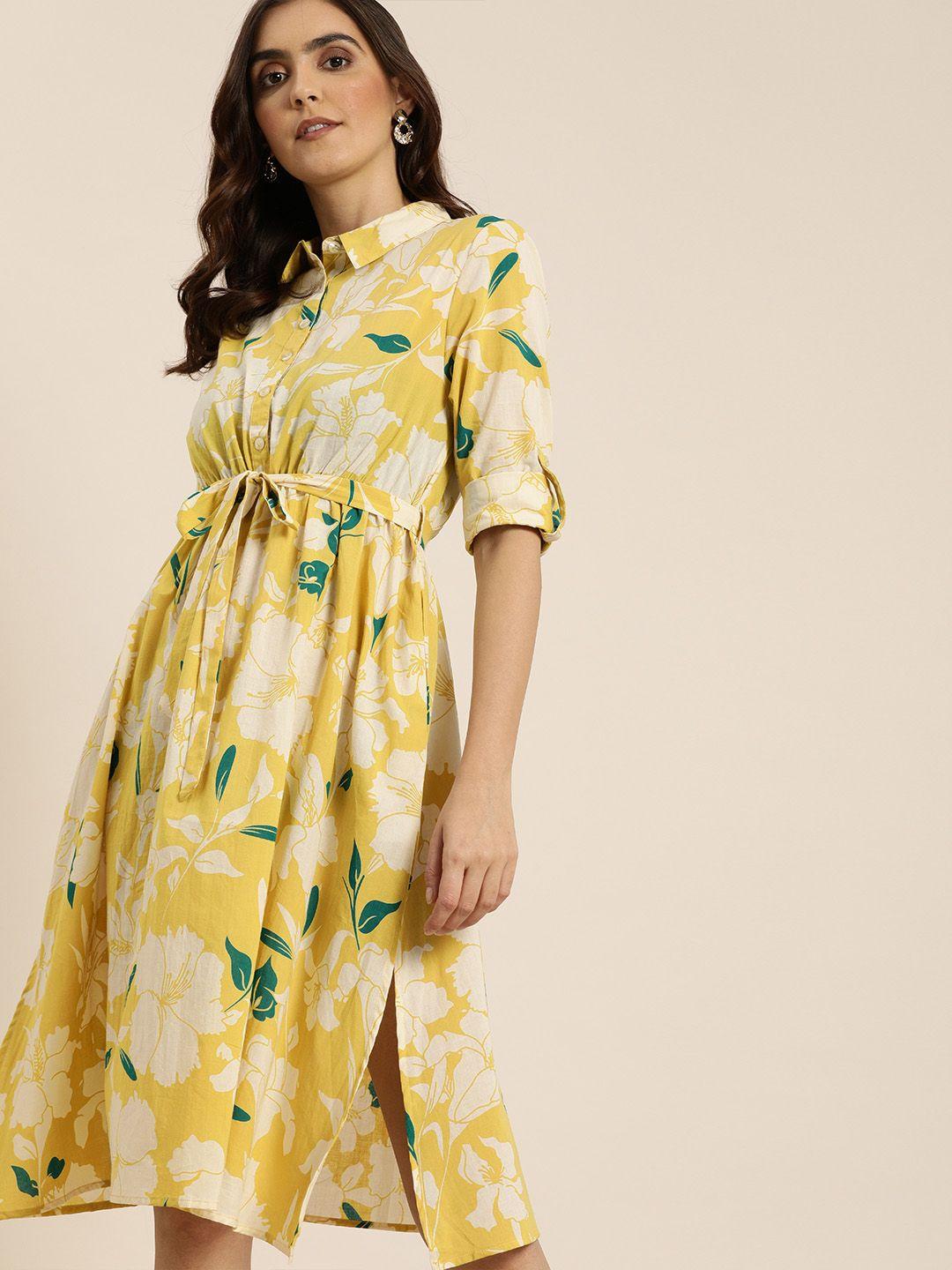 all about you women yellow & off white floral printed belted shirt dress