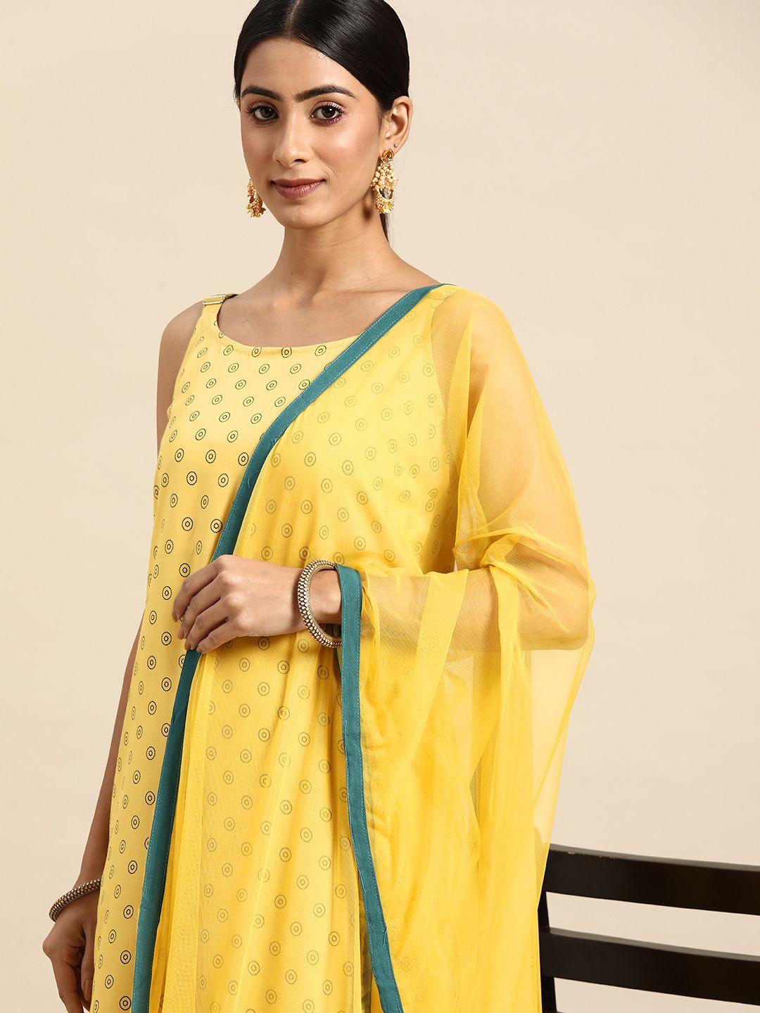 all about you women yellow printed kurta with palazzos & dupatta