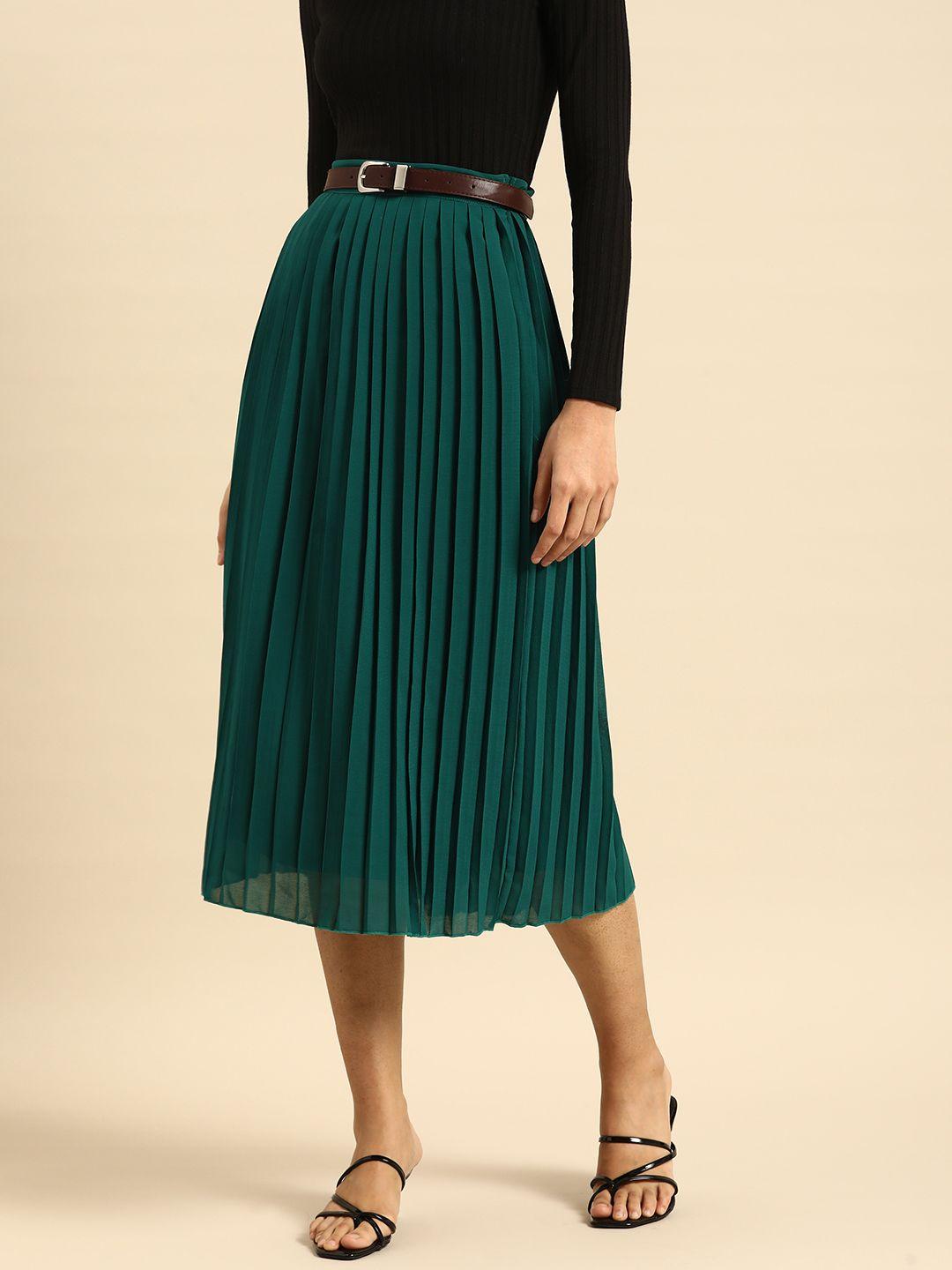 all about you womens teal solid pleated midi skirt