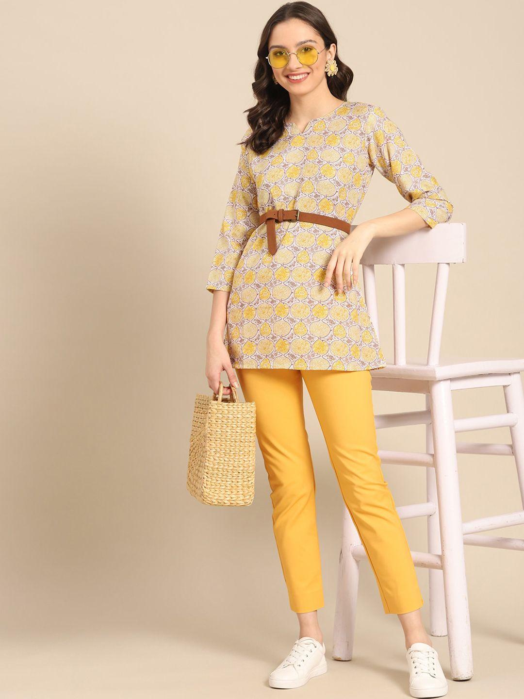 all about you yellow & beige abstract printed kurti