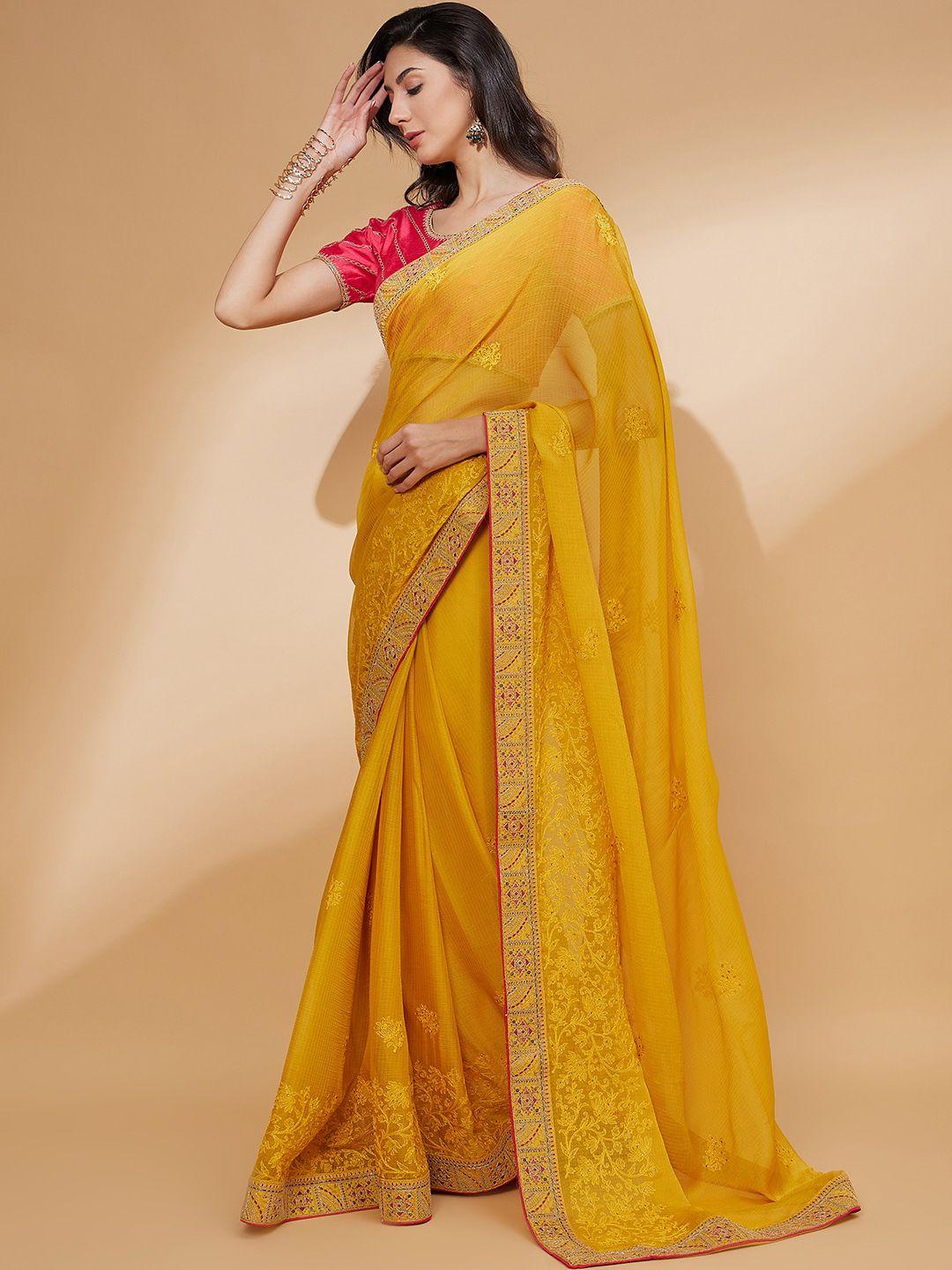 all about you yellow & fuchsia floral embroidered pure chiffon saree