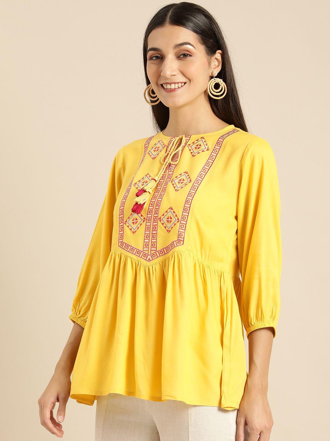 all about you yellow & pink ethnic motifs embroidered kurti