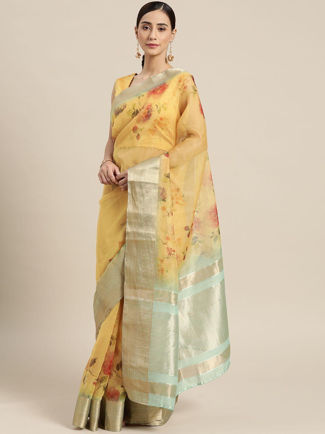 all about you yellow & pink floral zari tissue saree