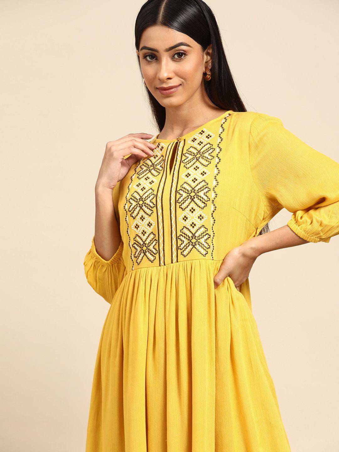 all about you yellow & white ethnic motifs embroidered keyhole neck a-line midi dress