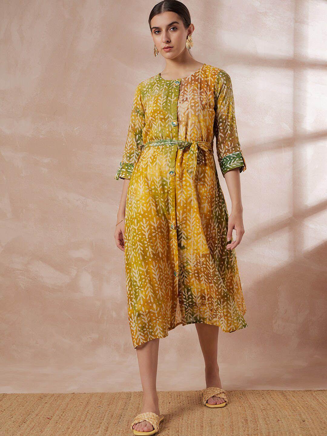 all about you yellow ethnic motifs printed cotton a-line midi dress