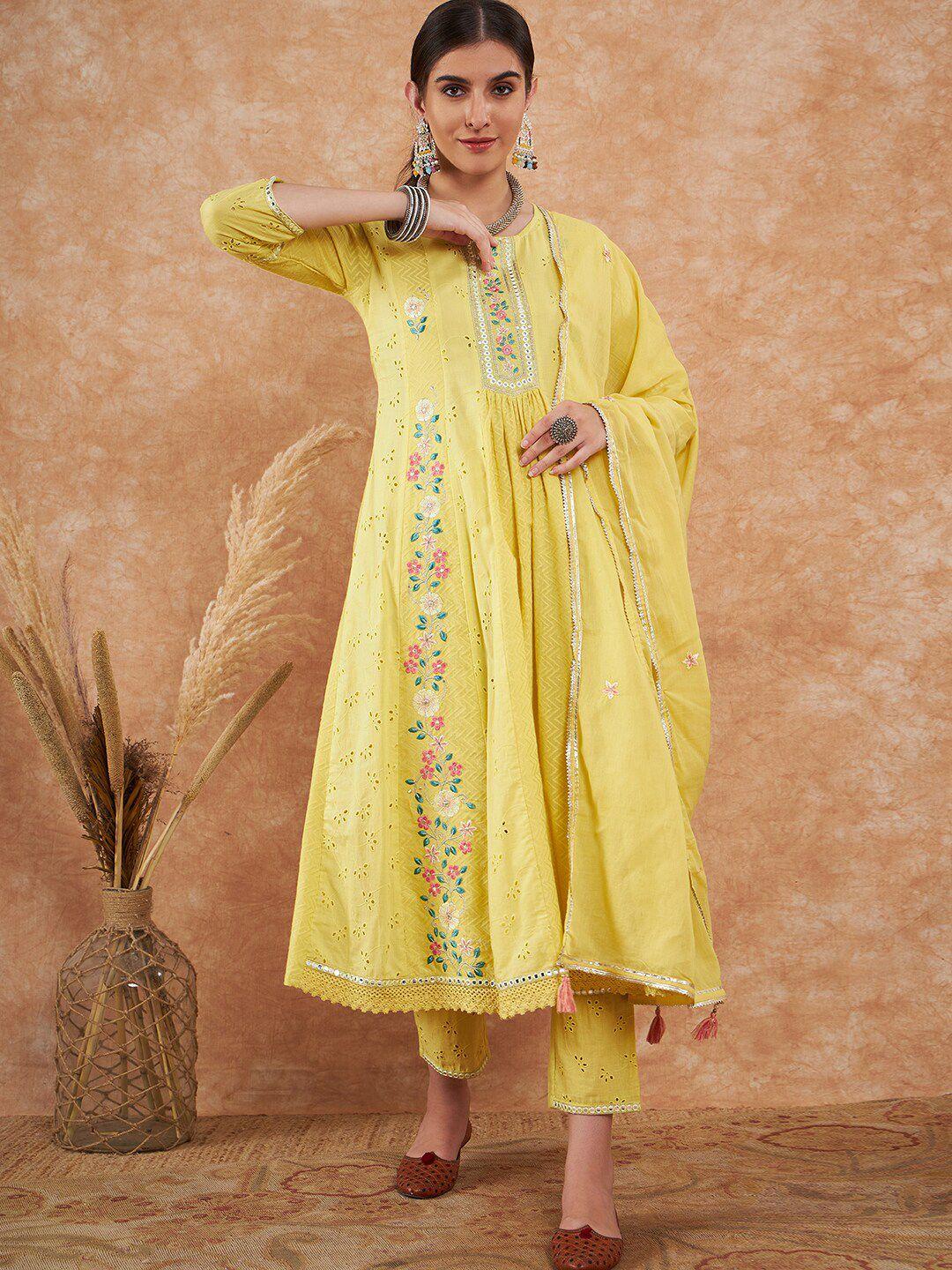 all about you yellow floral embroidered schiffli pure cotton a-line kurta set