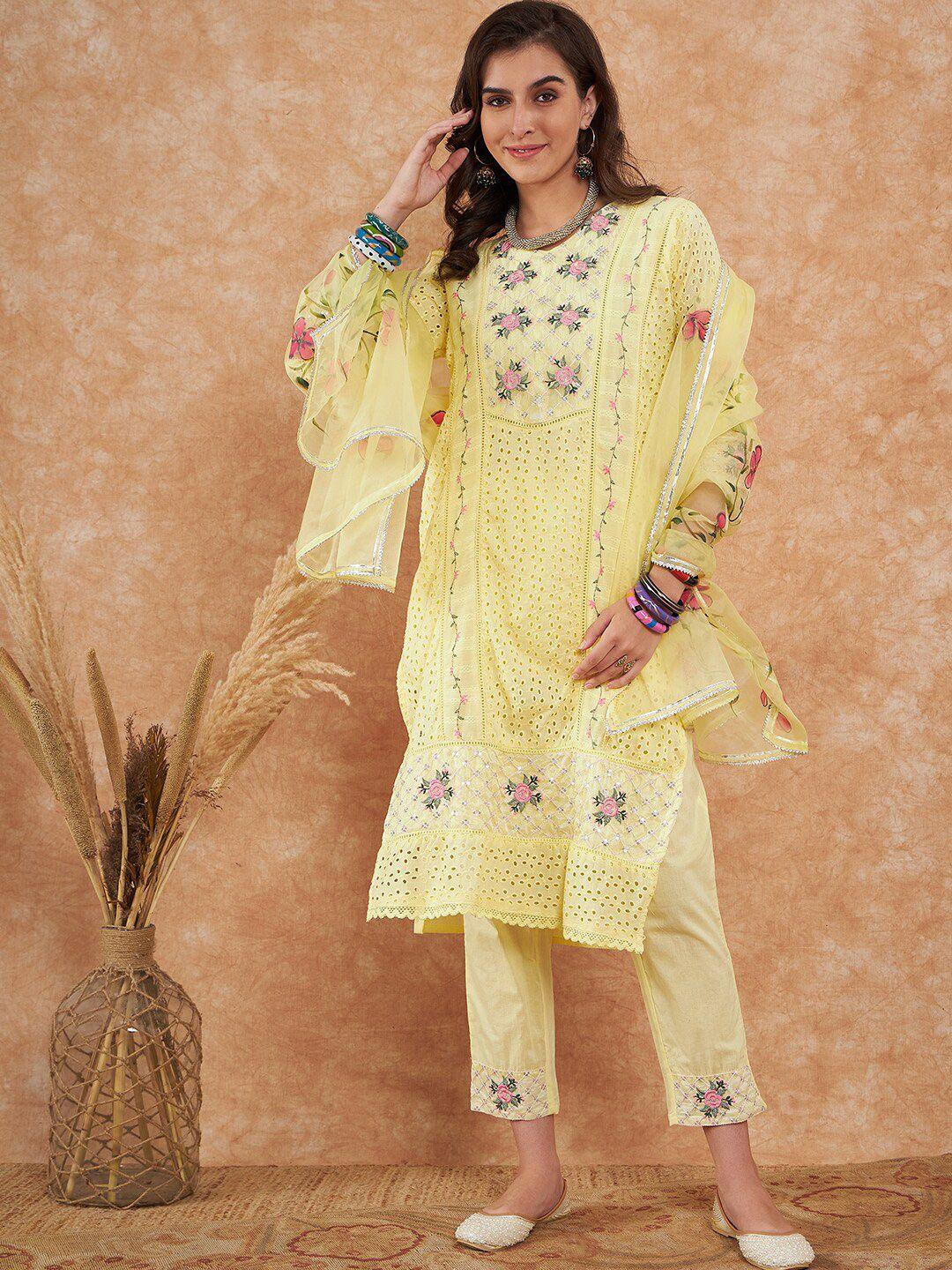 all about you yellow floral embroidered schiffli pure cotton straight kurta set
