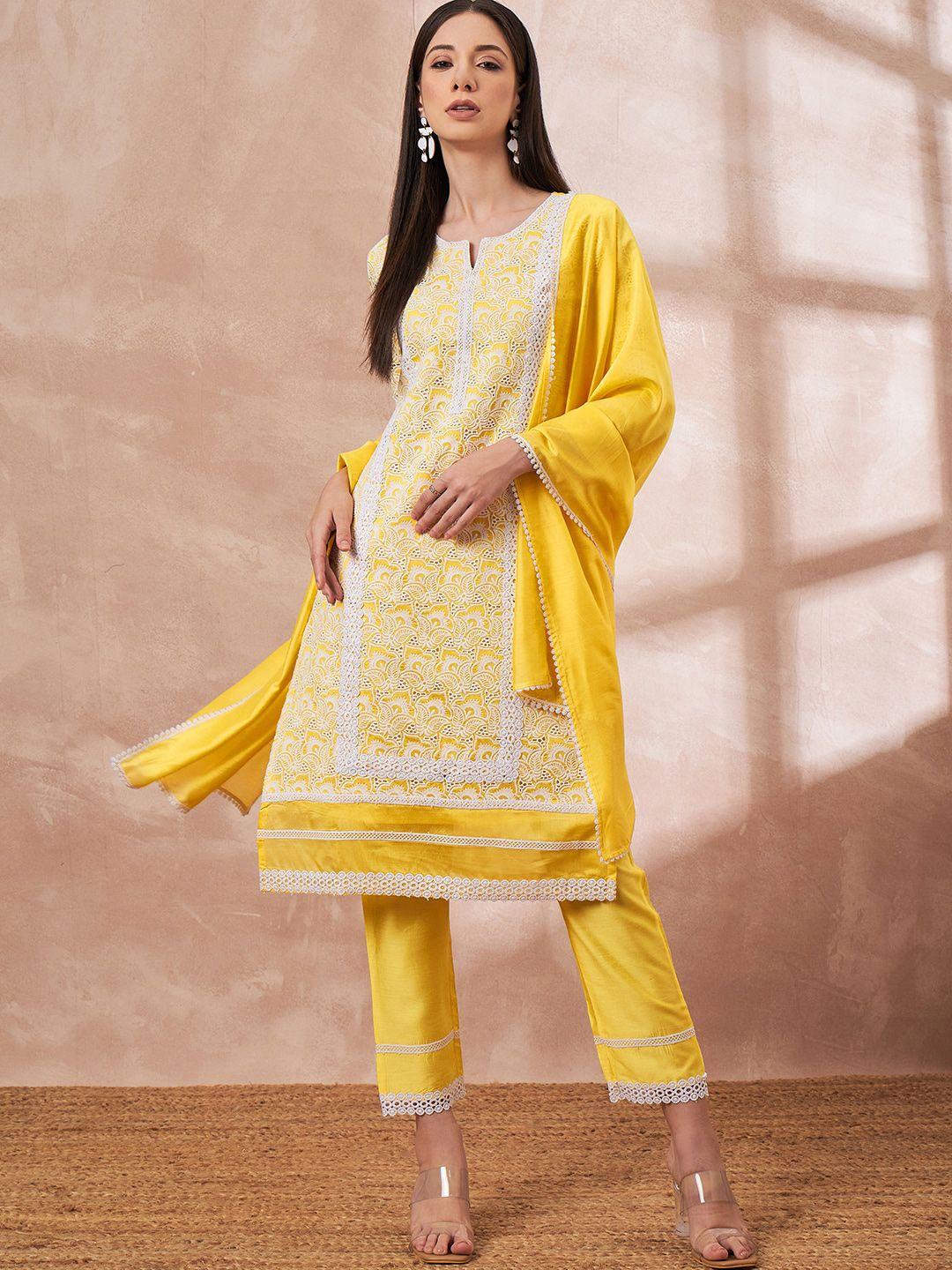 all about you yellow floral embroidered thread work detailed liva straight kurta set