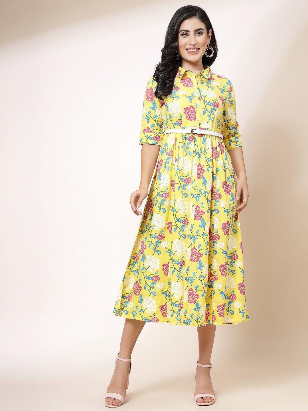 all about you yellow floral printed shirt collar gathered fit & flare midi ethnic dress
