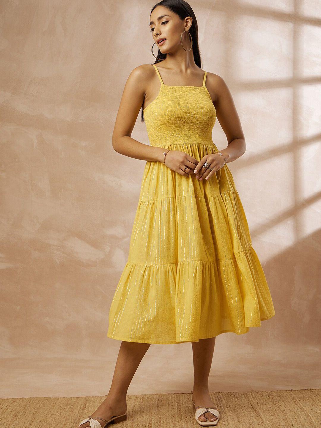 all about you yellow striped sleeveless smoked tiered cotton fit and flare dress