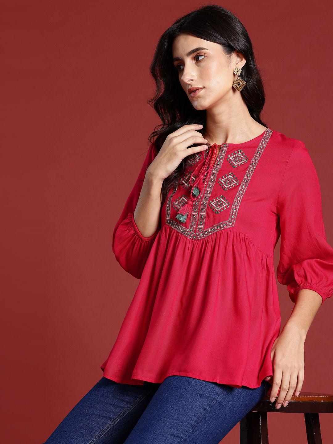 all about you yoke design tie-up neck pleated kurti