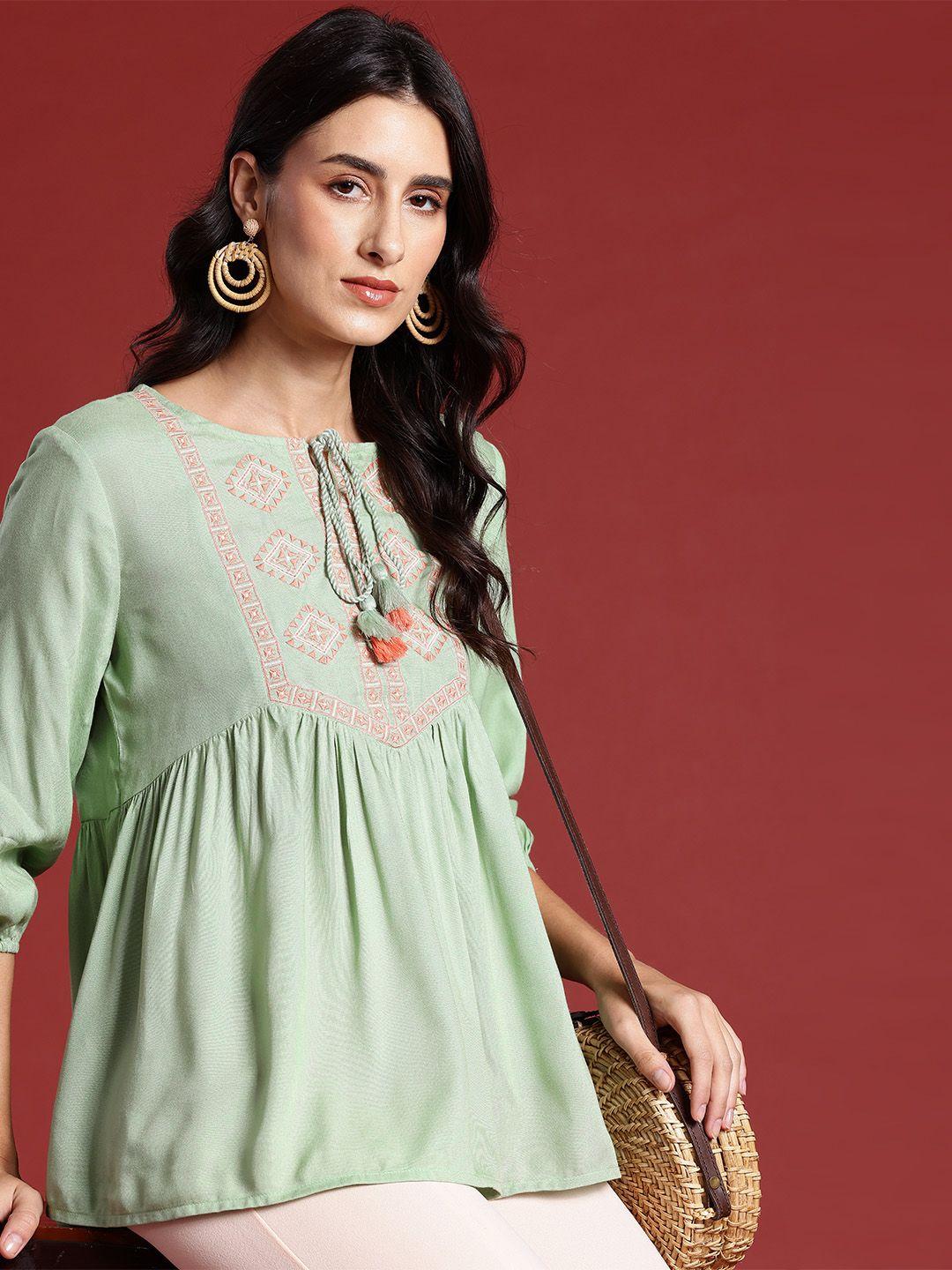 all about you yoke design tie-up neck pleated kurti