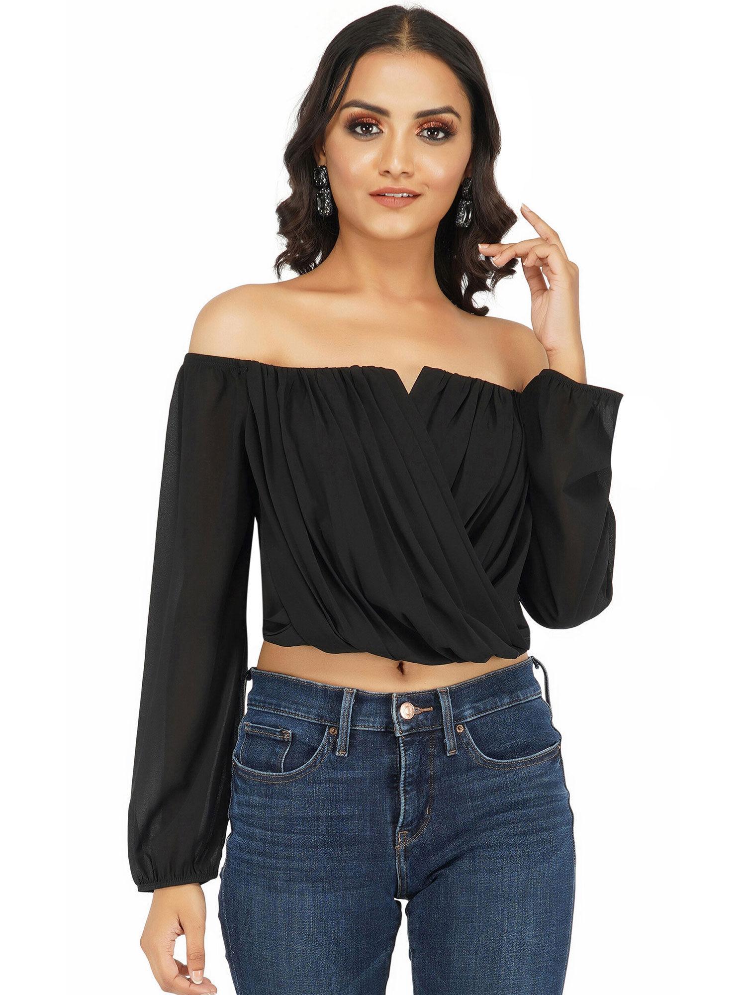 all black off shoulder v-neck top