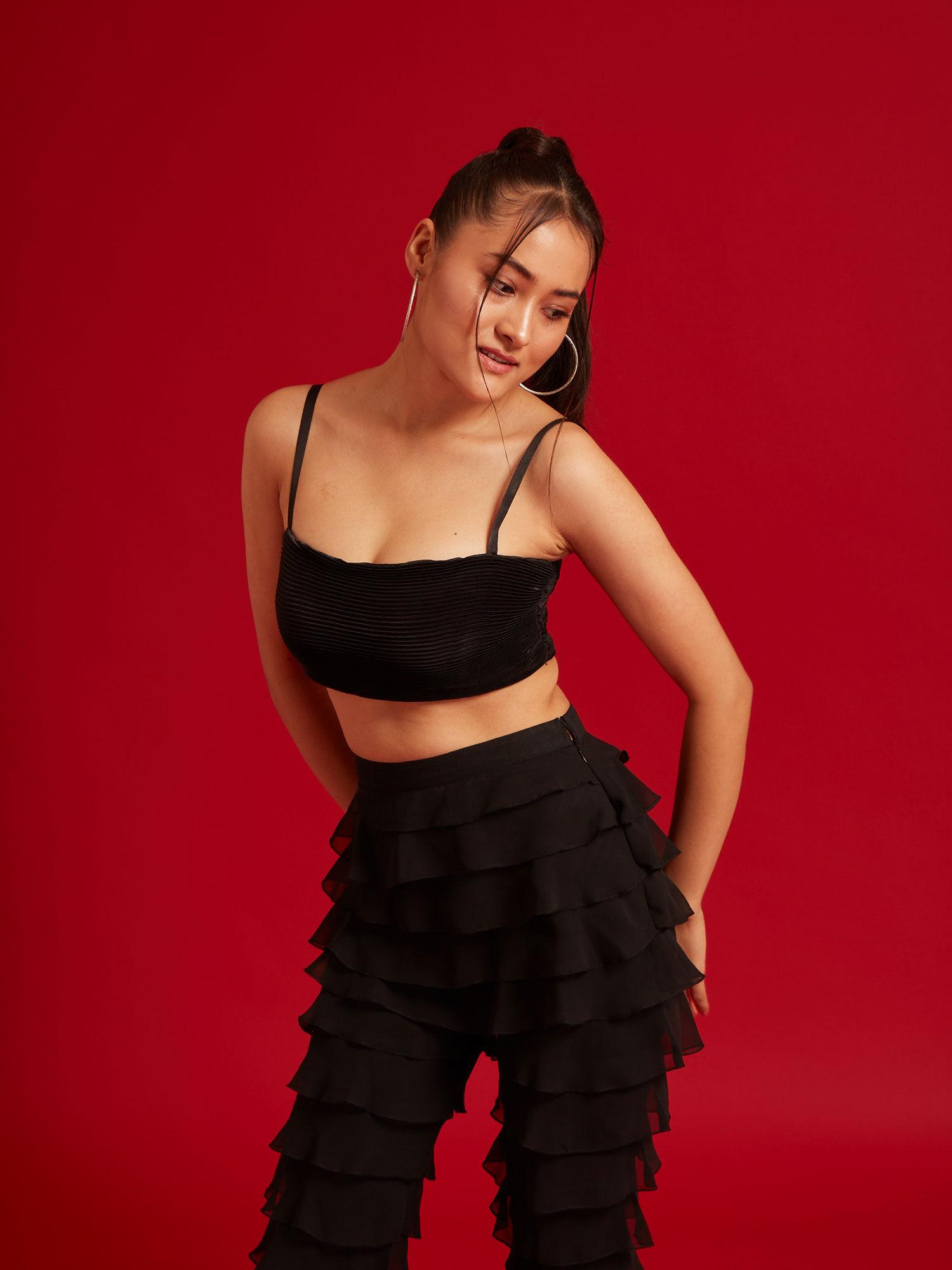 all black pleated strap top