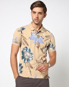 all-over floral print cotton stretch slim fit polo t-shirt