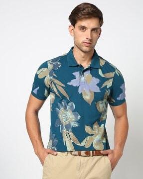 all-over floral print cotton stretch slim fit polo t-shirt