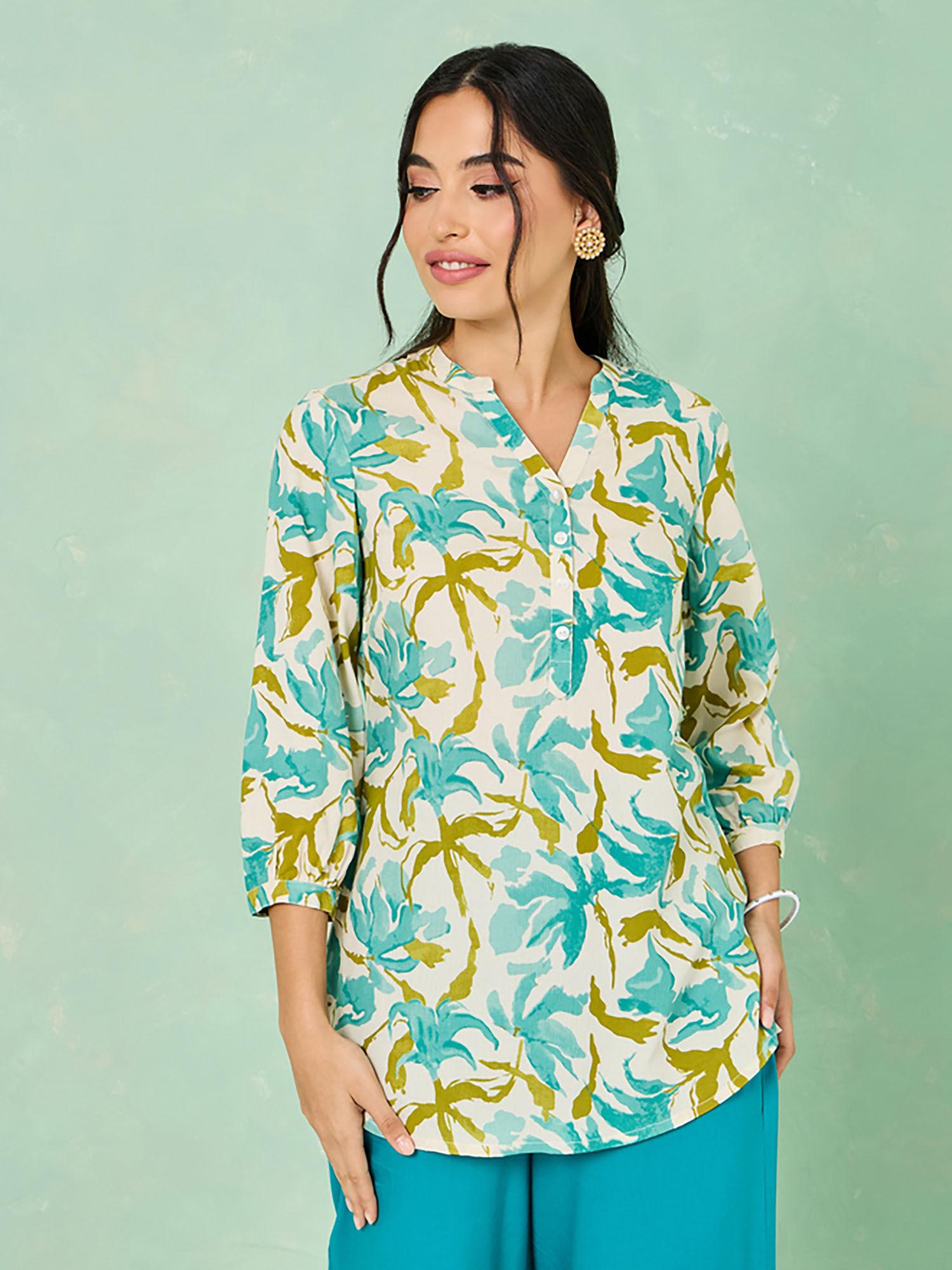 all over floral print rayon tunic white