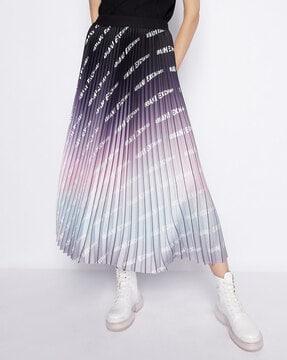 all-over logo print pleated satin skirt