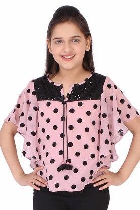 all over print chiffon round neck girls top - dusty pink