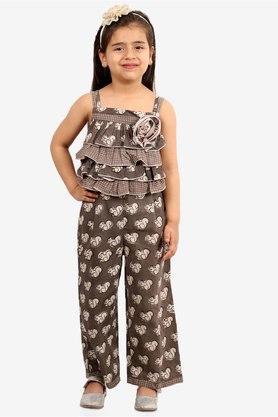 all over print cotton square neck girls ethnic set - brown